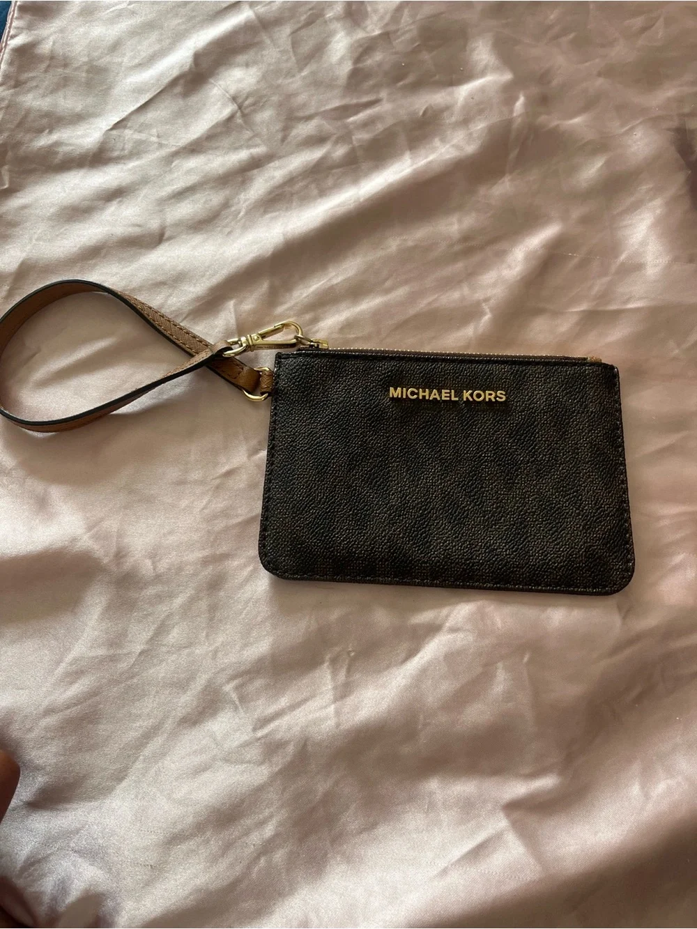 Michael Kors Brown Leather Wristlet Card Case with Gold Logo